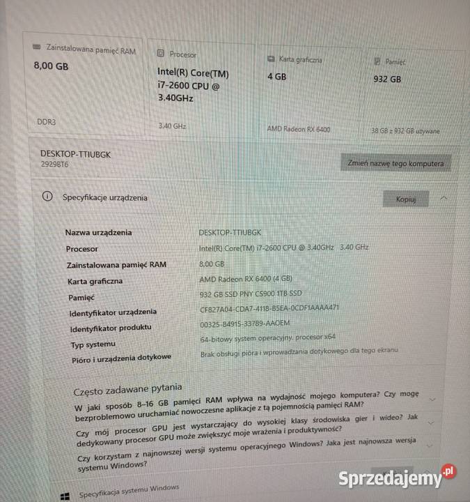 PC Intel Core i72600 CPU 340GHzGrafika Amd mazowieckie Żyrardów sprzedam