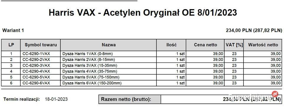 6290 VVCVAX Dysze Tnące Harris Oryginał sprzedam