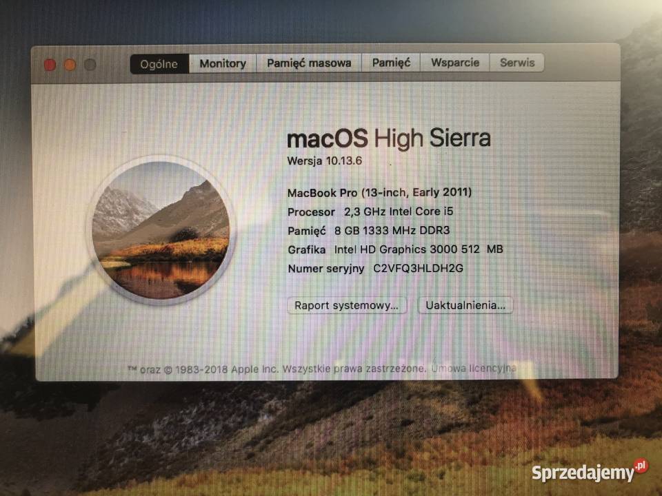 Macbook Pro 133 2011 A1278 8GB DDR3 SSD128 128GB Kościan
