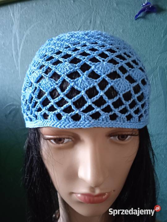 BŁĘKITNA BAWEŁNIANA AŻUROWA CZAPECZKA Piła