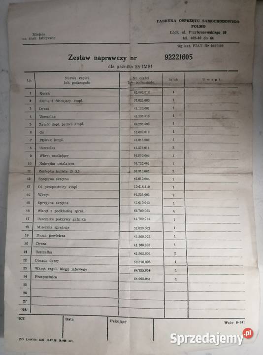 Zestaw naprawczy POLMO gaźnika Fiat 126p 24 Kraków sprzedam