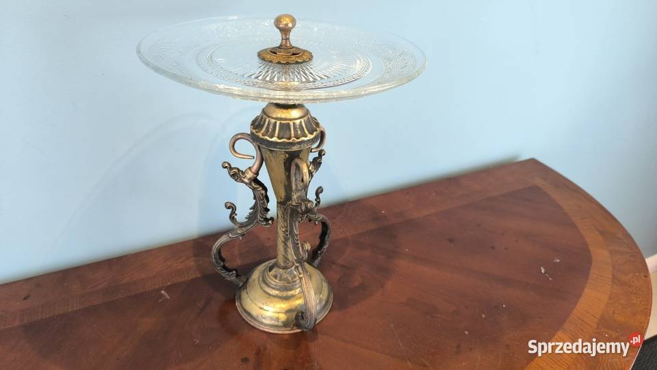 Piękna mosiężna patera z kryształowym szkłem łódzkie