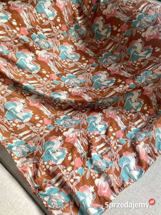 Duża jedwabna apaszka vintage motyw kwiatów Dodatki Warszawa