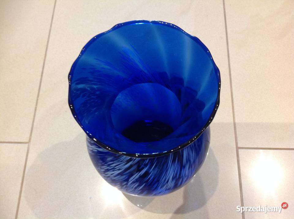 Stary Wazon Szklany Kobaltowy Murano z Białym Nowa Sól