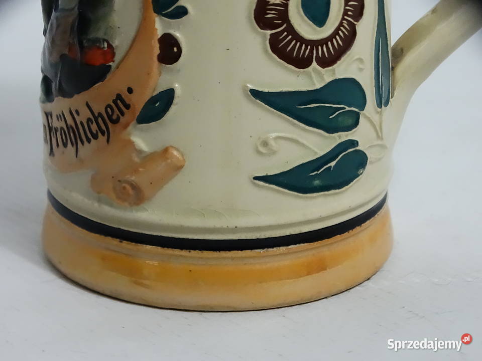 Zabytkowy niemiecki kufel ceramiczny z cynową Biłgoraj