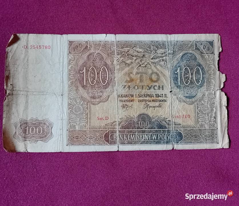 Banknot 100 GG 1941 r seria D Stan zachowania VI Pozostałe