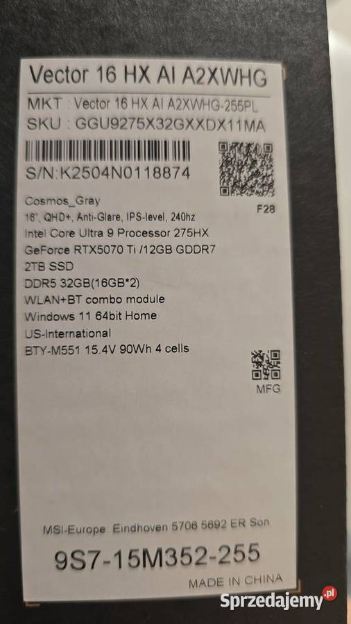 Laptop MSI Vector 16 HX AI A2XWHG255 MSI sprzedam