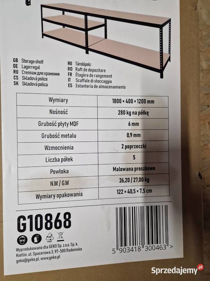 Mocny Regał Warsztatowy Garażowy GEKO 180x120x40 Głogowa