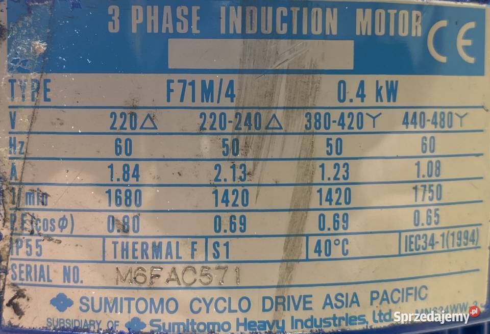 motoreduktor przekładnia 04kW 18obr 3fazowy Pigża