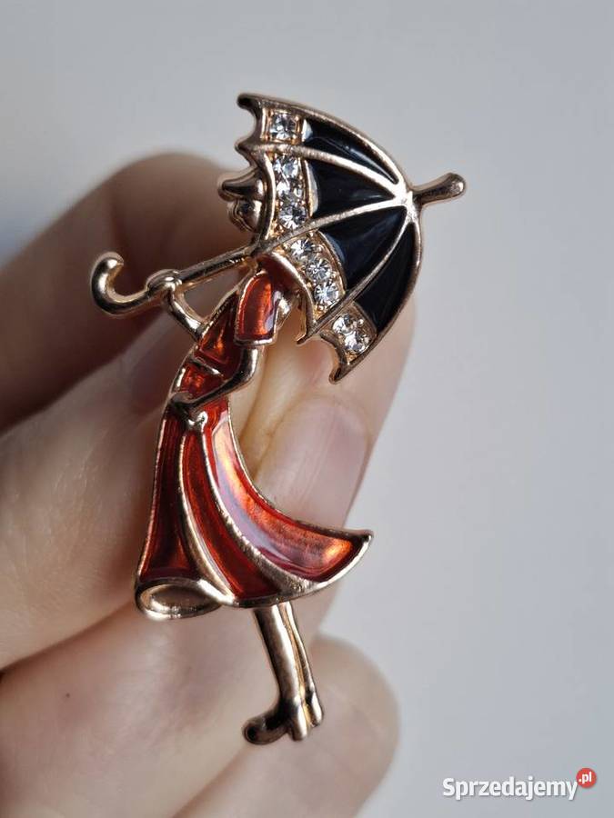 Broszka przypinka dama z parasolkąvintage Wąbrzeźno