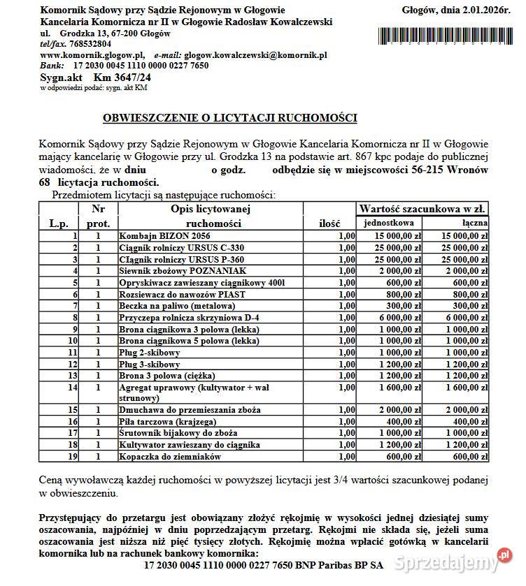 Maszyny rolnicze II Licytacja 50 ceny nieuszkodzony