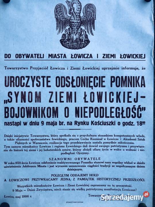 Plakat 1986 Łowicz odsłonięcie pomnika o łódzkie