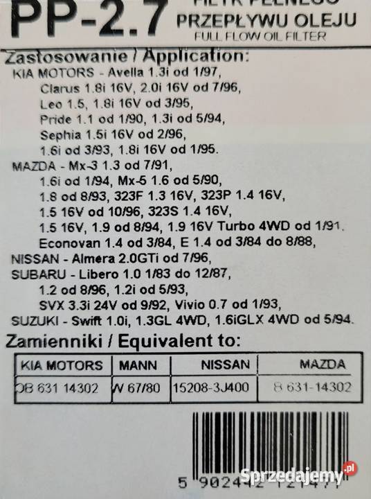 FILTR OLEJU MAZDA NISSAN Szczecin