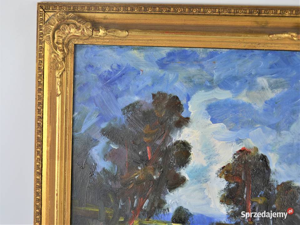 Pejzaż olej na płycie technika mieszana nóż Warszawa