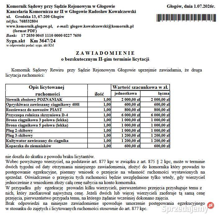 Maszyny rolnicze II Licytacja 50 ceny nieuszkodzony