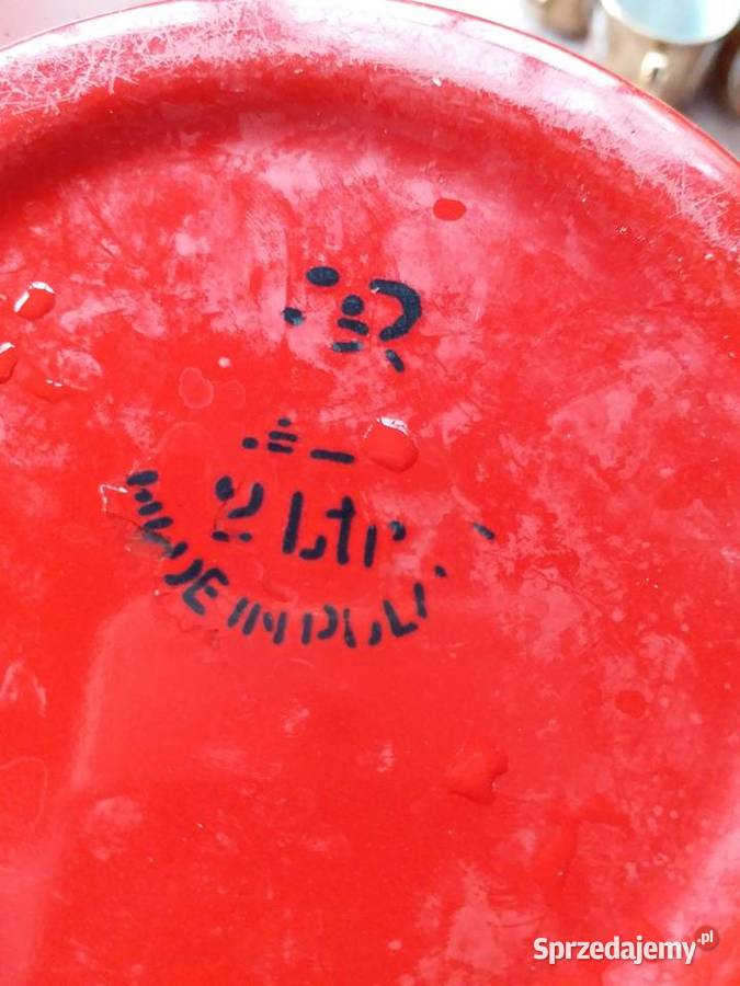 Piękna emaliowana biała czerwona kanka z PRLu Barlinek