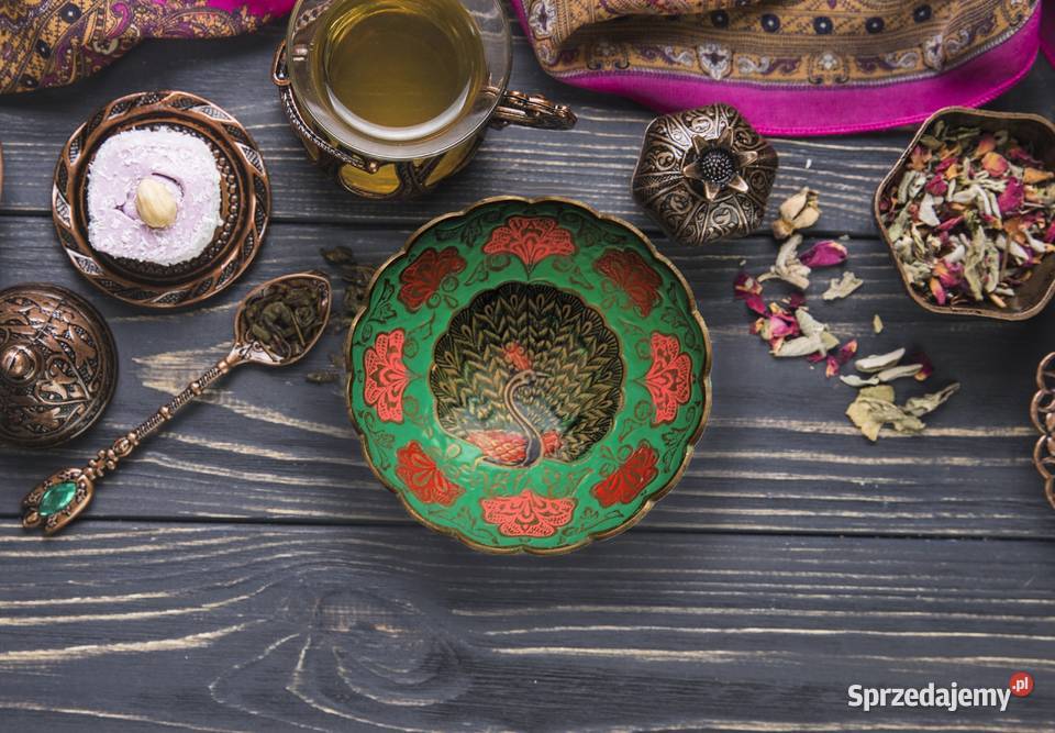 Miska patera mosiężna indyjska zielona emalia Lublin
