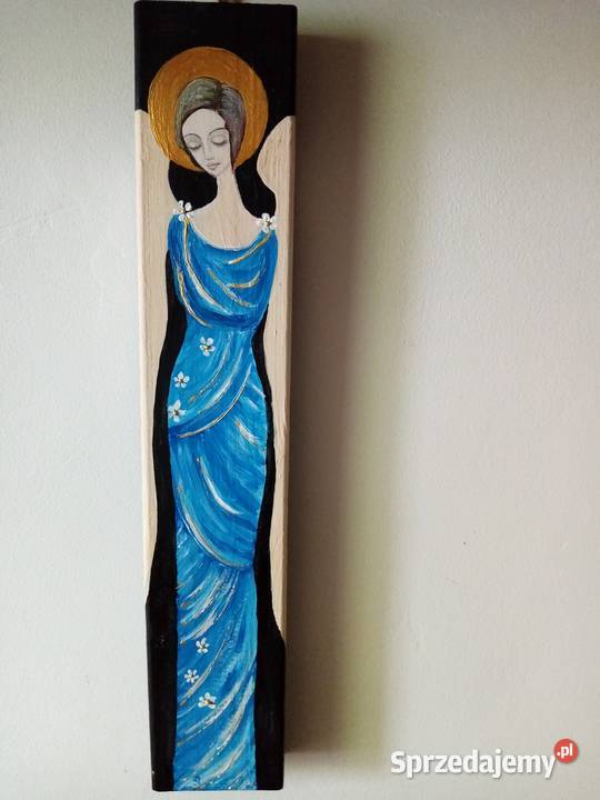 anioły malowane na desce