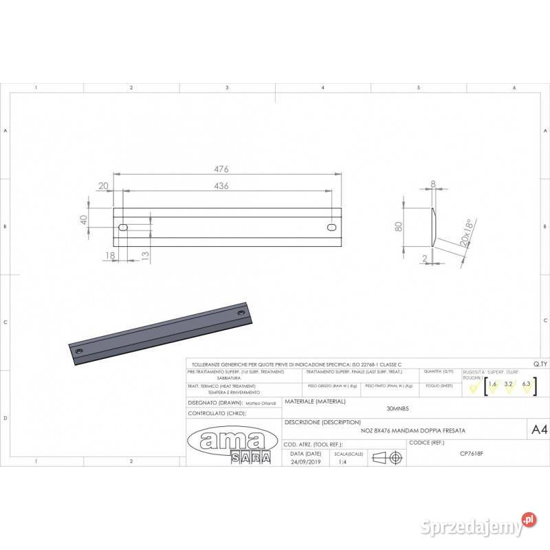 Nóż wału uprawowego 476x80x8 mm średnica otworu