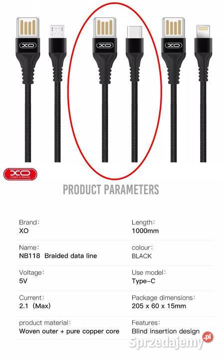Kabel USB typC typeC 1m ładowanie i transmisja W Telefony i Akcesoria Siemianowice Śląskie