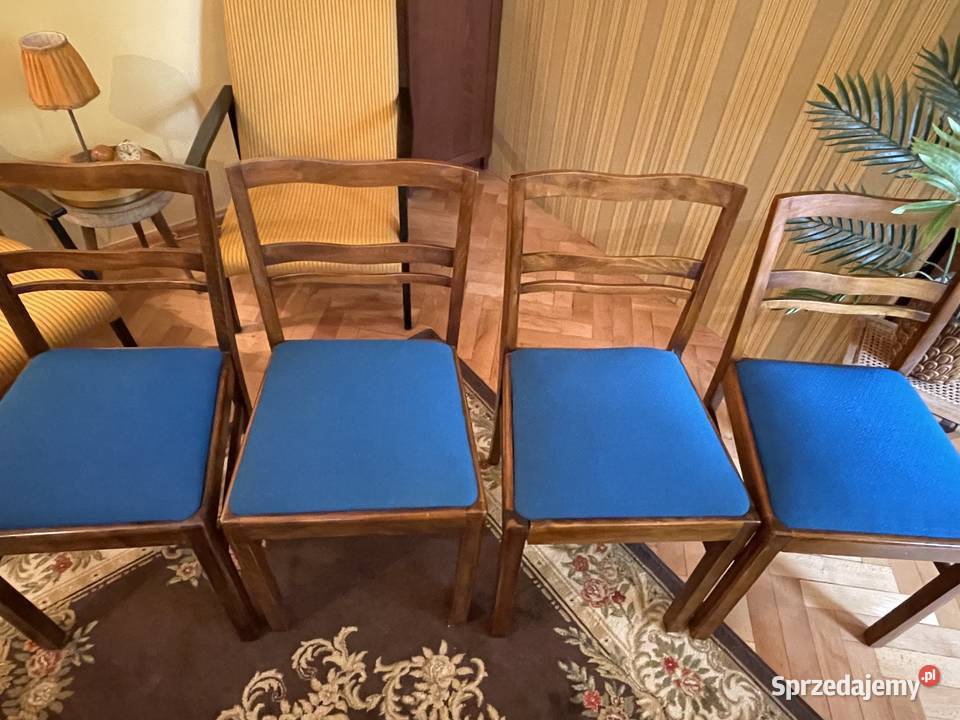 Stylowe krzesła vintage ciemne drewno niebieskie Toruń