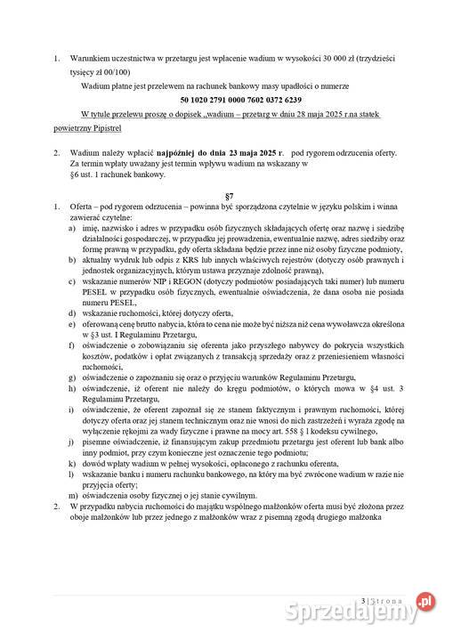 Przetarg na sprzedaż statku powietrznego sprzedam