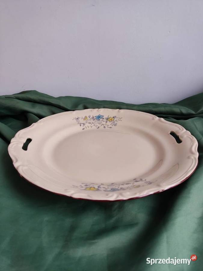 Talerz porcelanowy Tułowice kremowy z uchwytami Porcelana i szkło