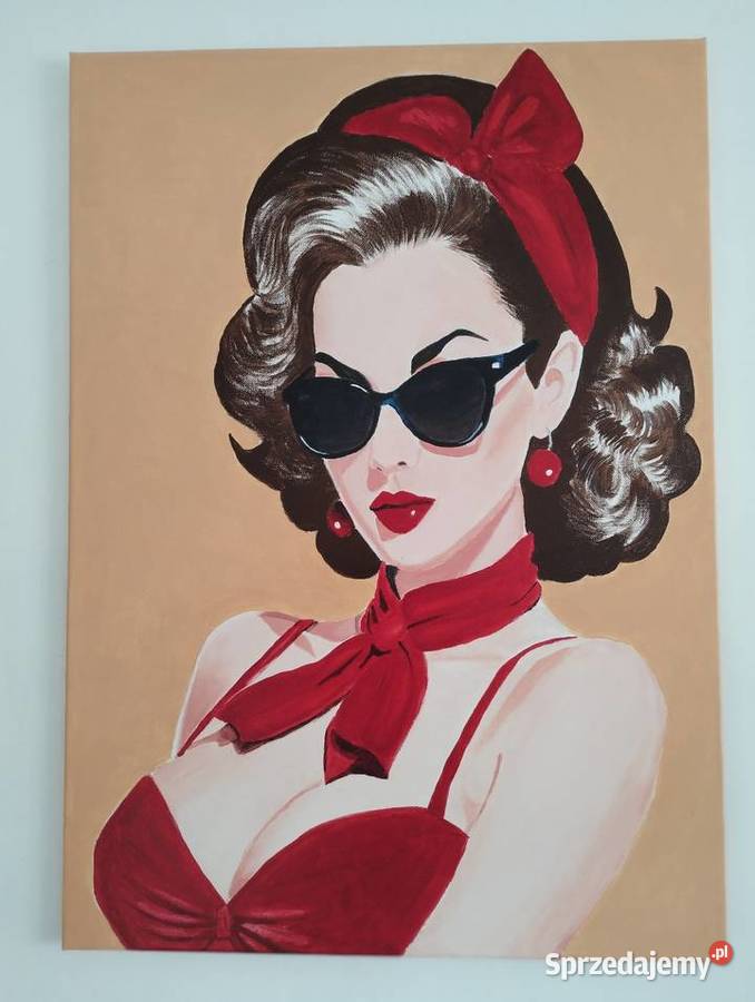 Portret kobiety w czerwieni retro obraz akrylowy Racibórz
