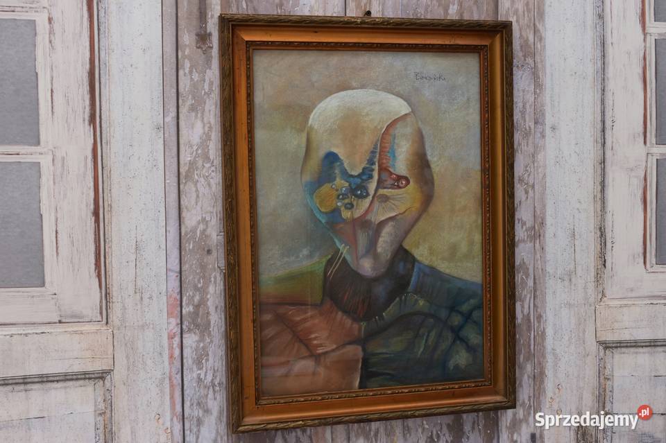 Beksiński Pastel na Kartonie Szkłem Stary Obraz Obrazki i obrazy