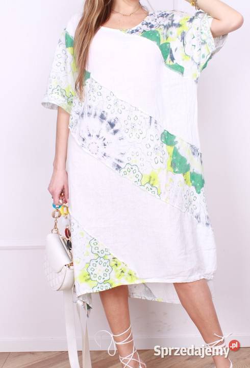 Sukienka z lnu jasny beż biała wzór łączka skos