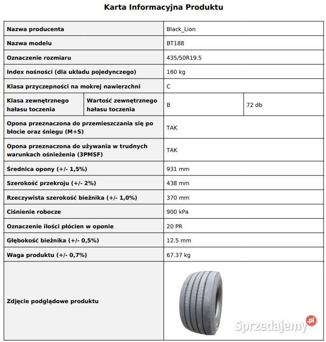 Opona naczepowa 43550 R195 BlackLion BT188 Nowa podkarpackie Zarębki