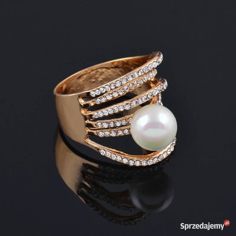 Komplet biżuterii duże perły cyrkonie ślub złoty