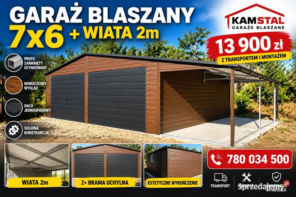 GARAŻ BLASZANY Garaże blaszane 7×6 m + WIATA 2 m blaszaki Profil