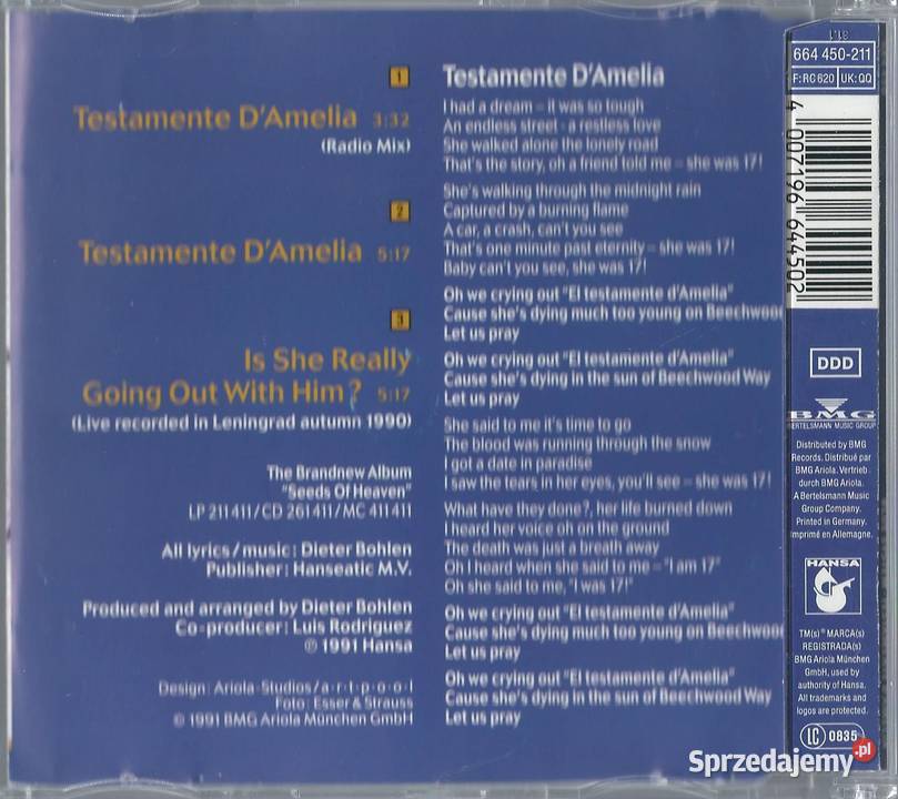 Maxi CD Blue System Testamente DAmelia 1991 mazowieckie Brwinów sprzedam