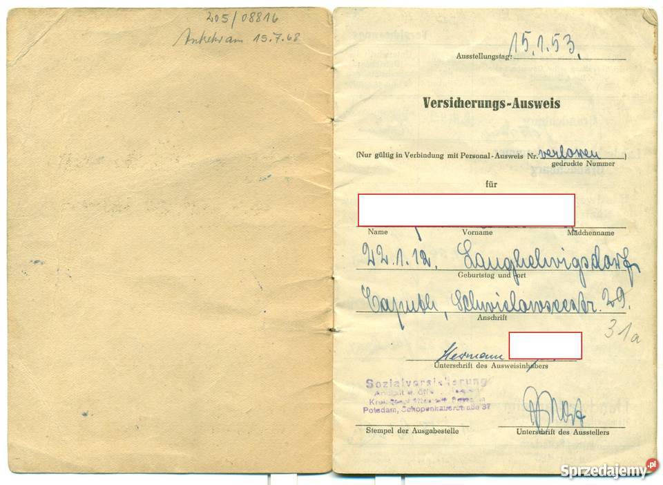 Sozialversicherung Versidherungs Ausweis Ostrów Wielkopolski