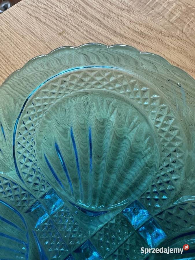Talerz patera HSG Ząbkowice szkło turkus wzór Dąbie