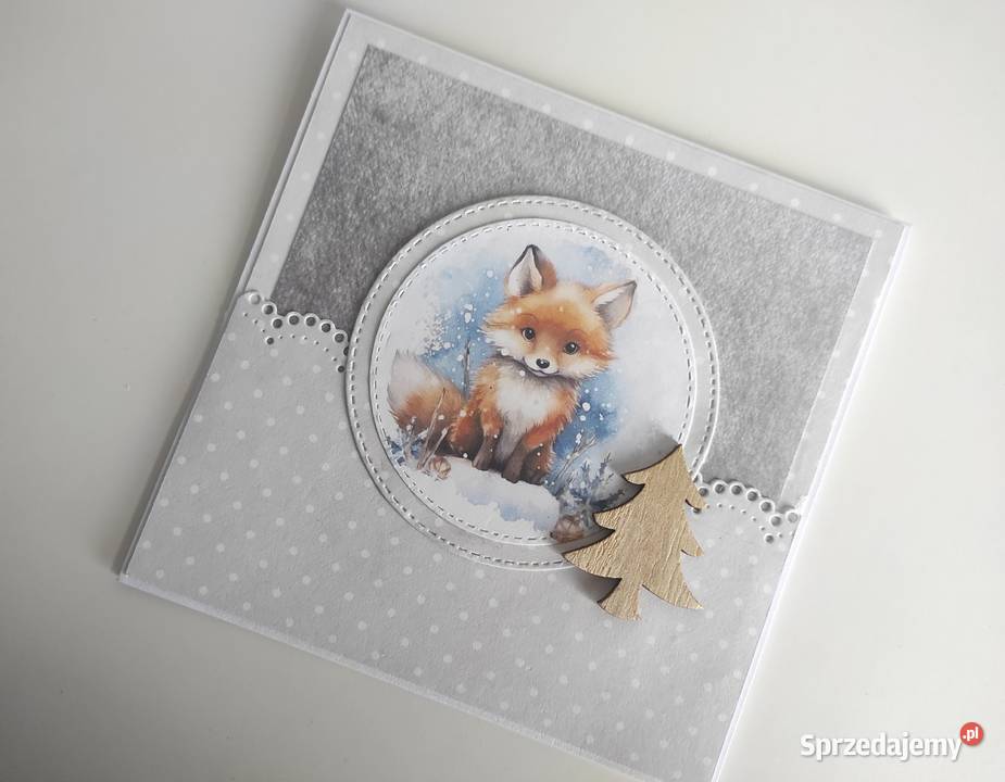 Kartka ręcznie robiona zimowa świąteczna z lisem łódzkie Łódź sprzedam
