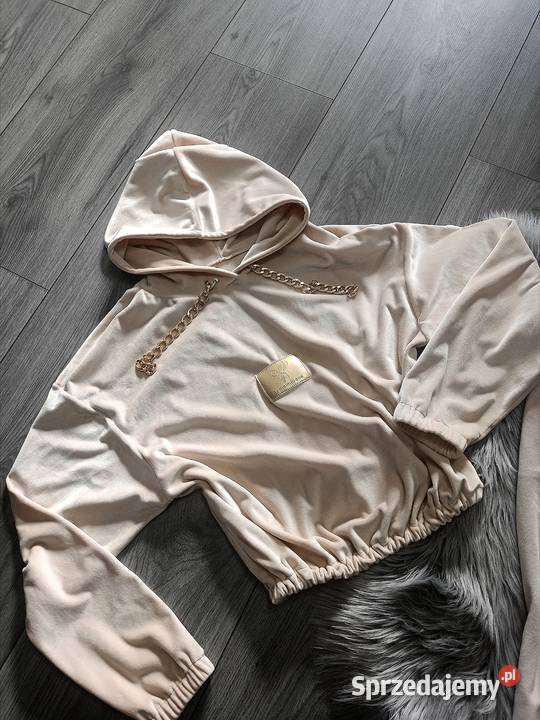 Komplet welurowy dres beżowy złote łańcuszki