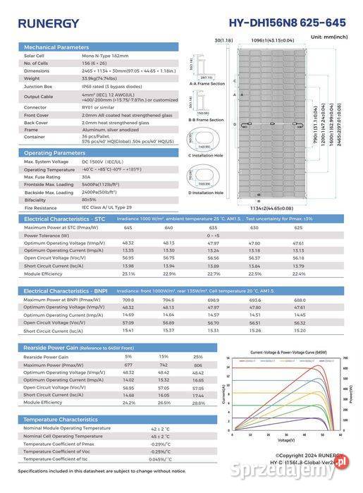 Paleta 36x Panel Fotowoltaiczny Runergy 630W sprzedam