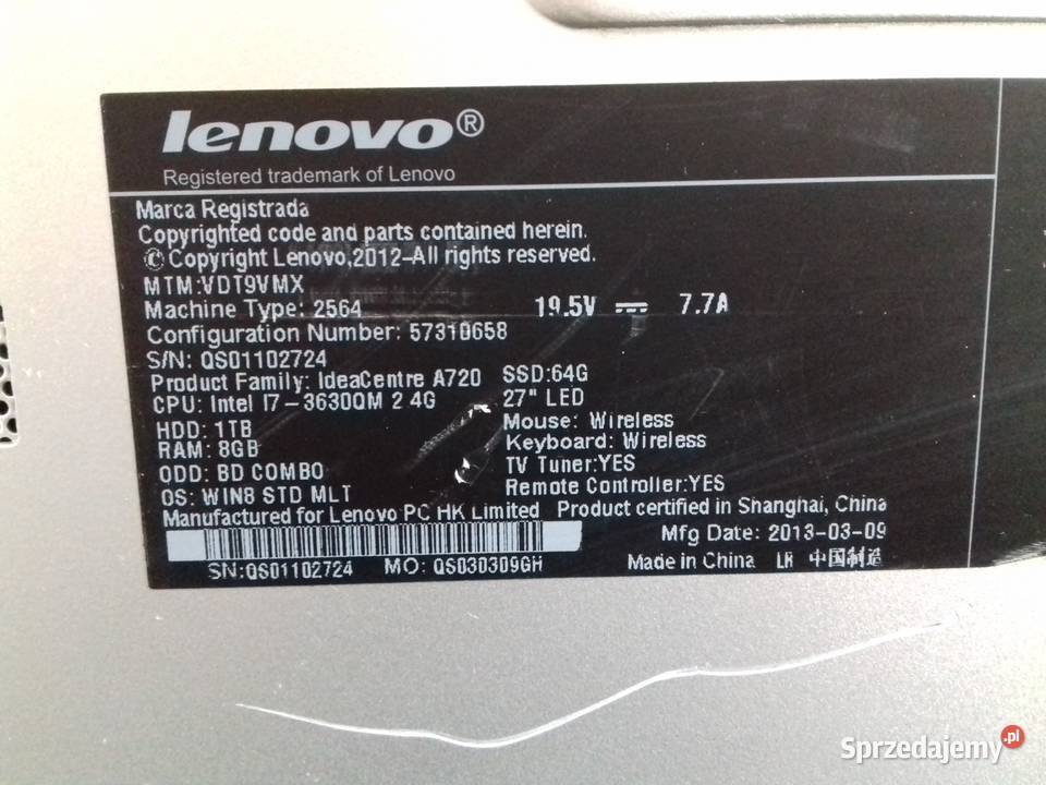 lenovo AIO IdeaCentre A720 i73630QM DDR3 8GB 27 Bydgoszcz sprzedam