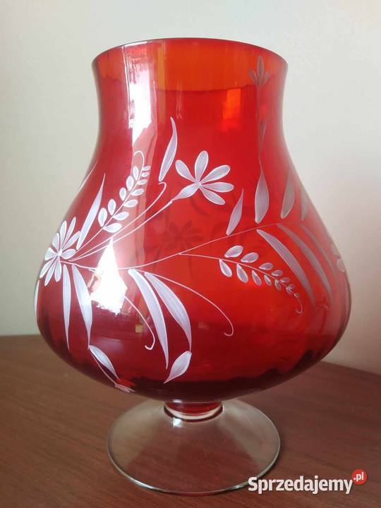Duży Kielich Dekoracyjny Czerwony Kwiaty 1980 Wałbrzych