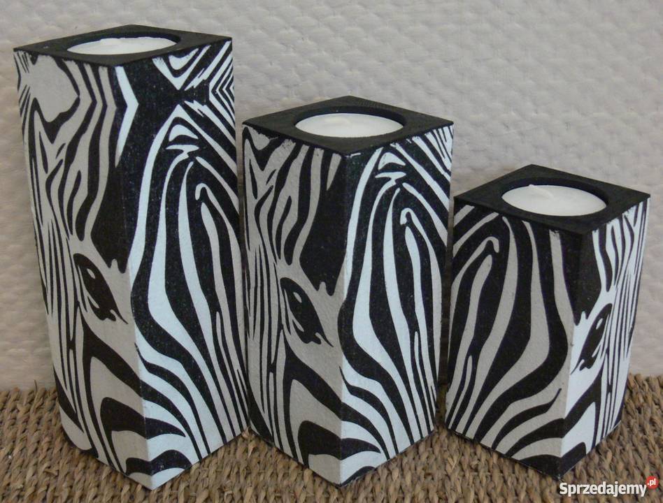 Świeczniki drewniane świeczki sowa zebra wzory wielokolorowy Halinów