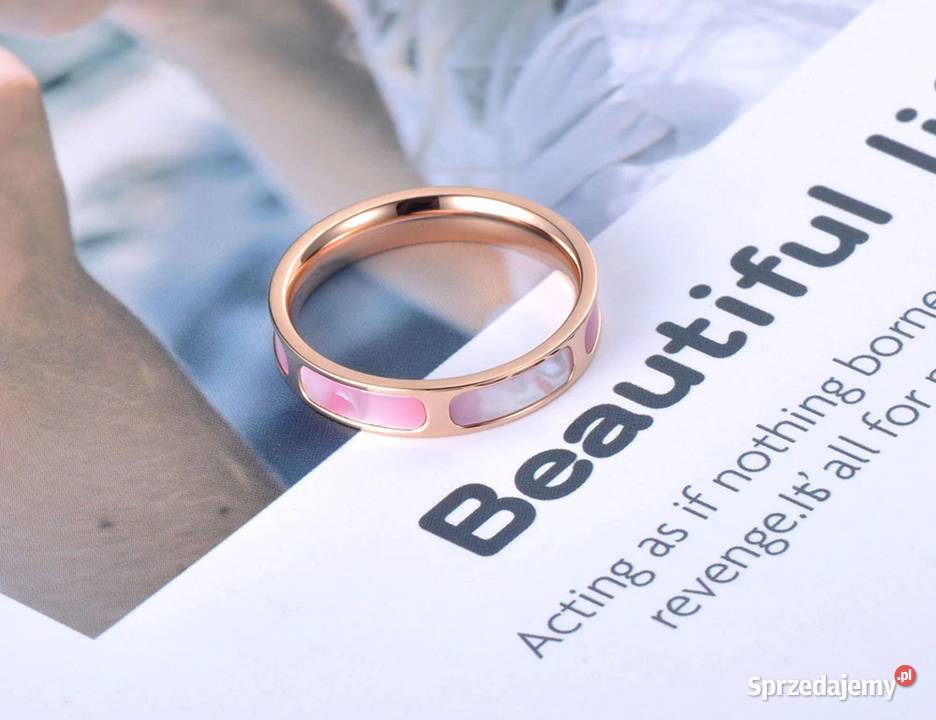 Nowy pierścionek złoty kolor różowa muszla stal Szczecin