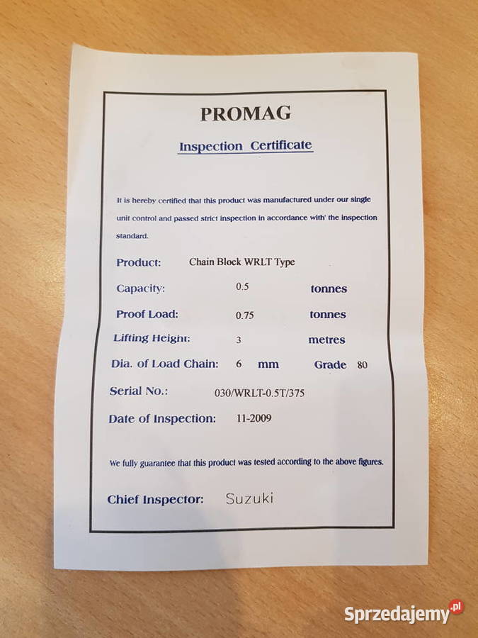 Wciągnik ręczny łańcuchowy WRLT 05T Promag Narzędzia sprzedam