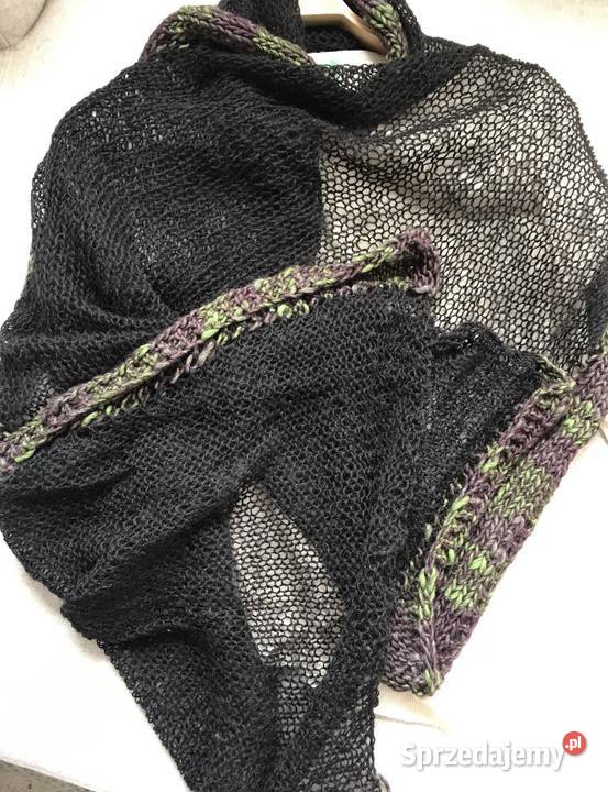 Czarny szal handmade angora zielone wykończenie Dla kobiet Warszawa