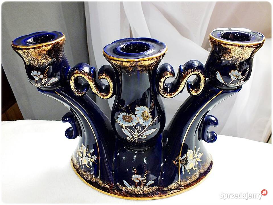 Kobaltowy Świecznik Porcelanowy Royal Porzellan Żary