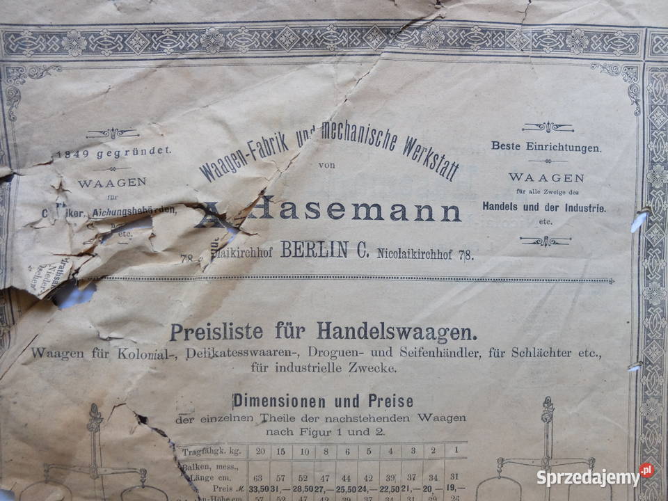 Stara reklama A Hasemann Berlin stare wagi 1880