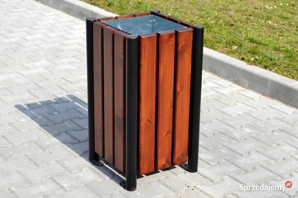 Kosz na śmieci odpadki uliczny drewniany stalowy 32l W094
