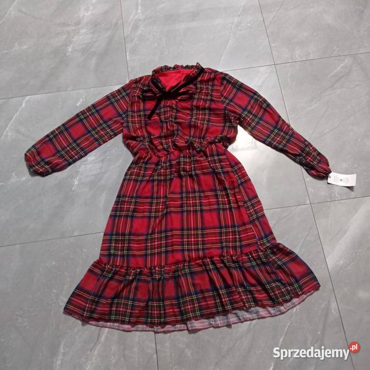 CZERWONA SUKIENKA W KRATĘ Z WIĄZANIEM Fabbricato Kamień Pomorski sprzedam