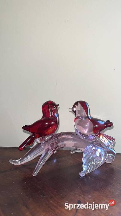 Szklana figurka 2 Ptaszki na gałęzi Z czerwono Gdańsk